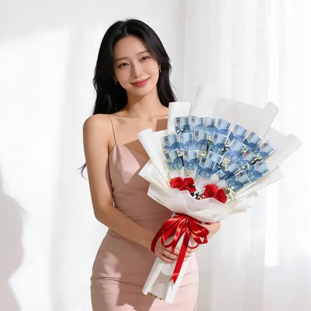 Money Bouquet 25 Lembar with Baby Breath and Roses