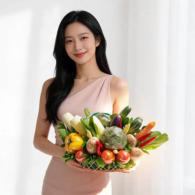 Wanita memegang keranjang sayuran segar, layanan online florist terpercaya