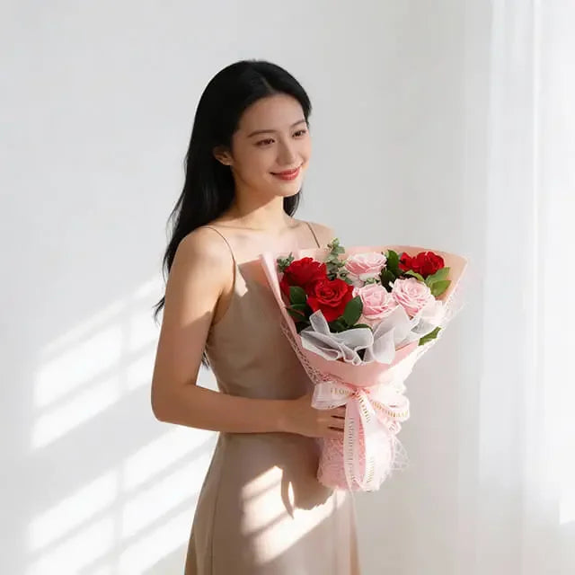 Bouquet bunga mawar merah dan pink dari online florist, hadiah romantis untuk kejutan spesial.