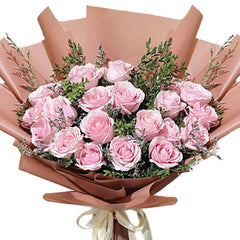 Bouquet mawar pink cantik dari online florist, dikemas rapi dengan pita elegan