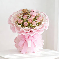 Bouquet mawar pink cantik dengan boneka beruang, ideal untuk hadiah, online florist terpercaya