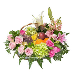 Bunga segar dan buah dalam keranjang, online florist terpercaya