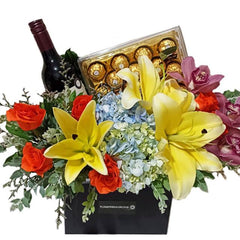 Bunga segar, wine, dan cokelat Ferrero Rocher dari online florist terpercaya