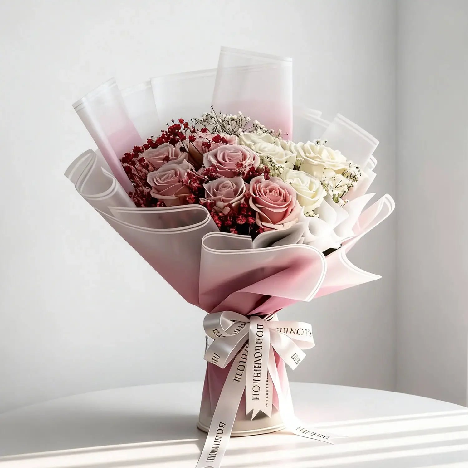 Bouquet mawar pink dan putih dari online florist, dibungkus elegan dengan pita