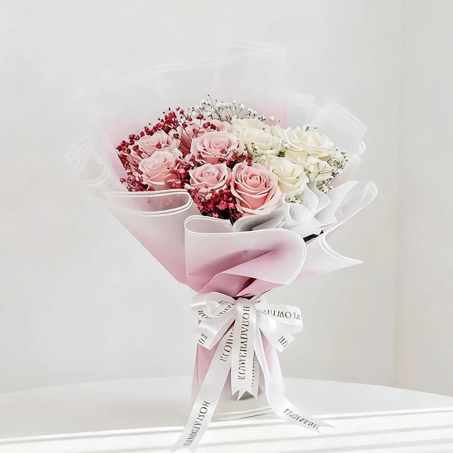 Bouquet mawar pink dan putih dari online florist, dikemas elegan dengan pita putih
